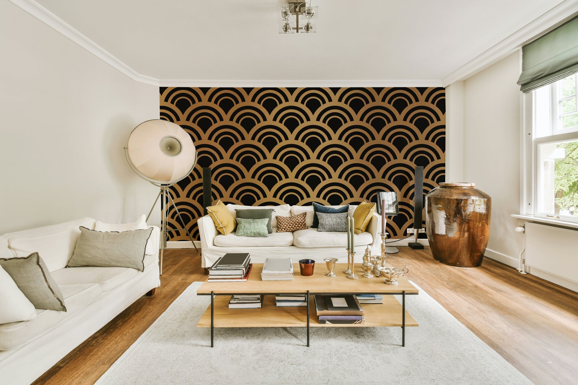 An artistic Art Deco design mural on minimalist wallpaper.

