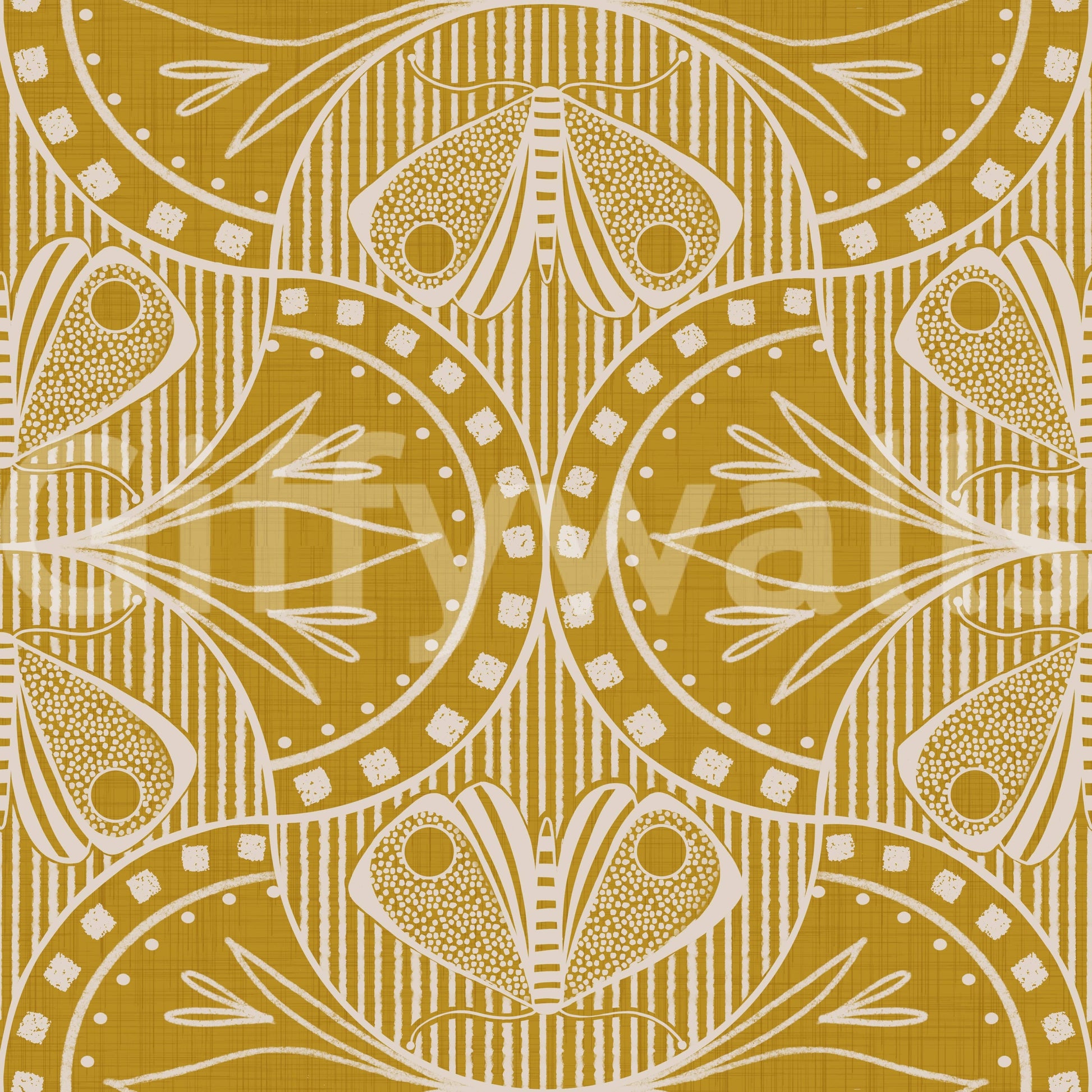 Classic period wallpaper for walls, gentle curving shapes, elaborate yellow tone.