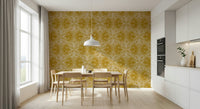 Artistic butterfly and vine wallpaper, sweeping lines, sunlit mustard accent.