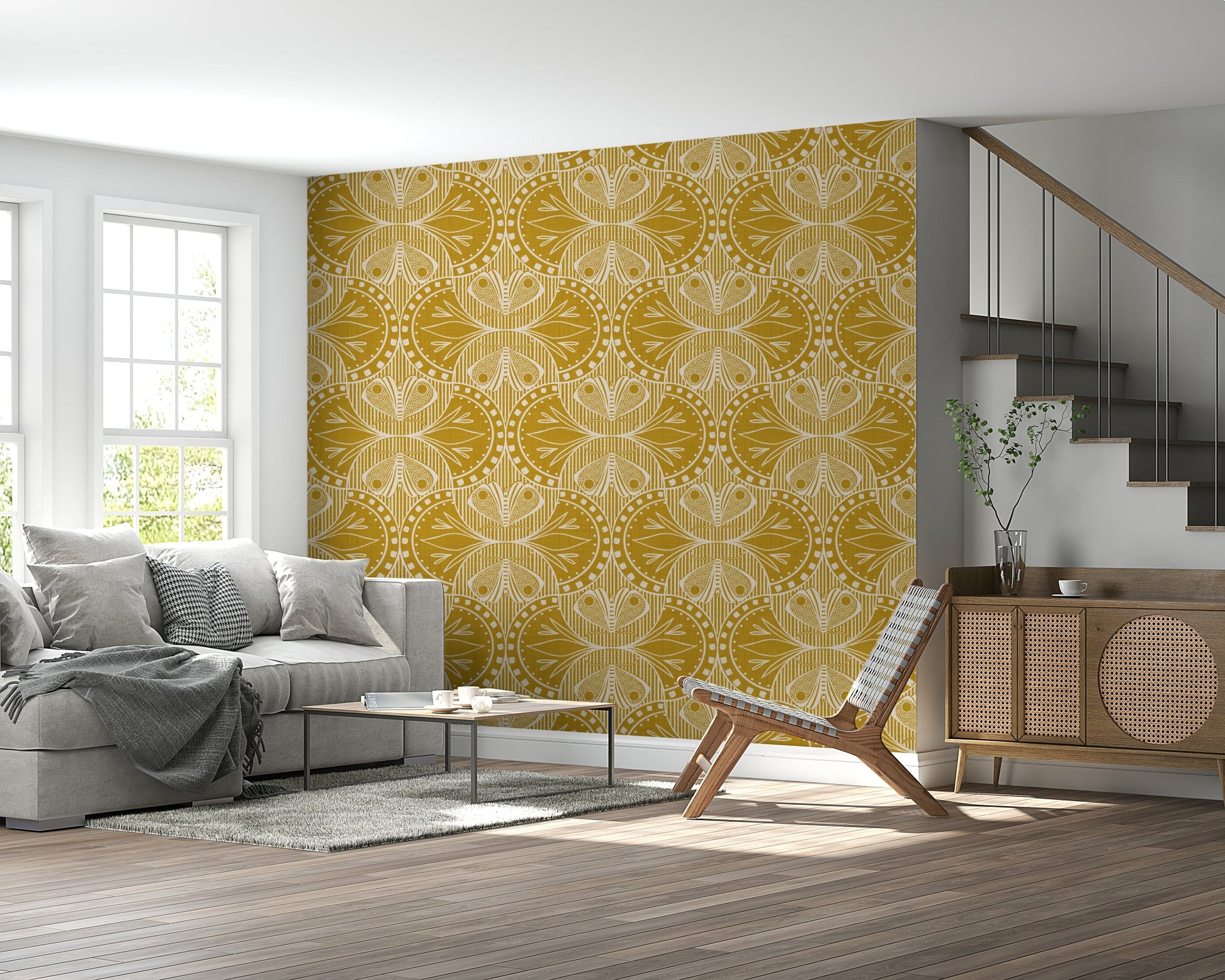 Stylized moth illustration wall mural, rich golden color, textured surface print.