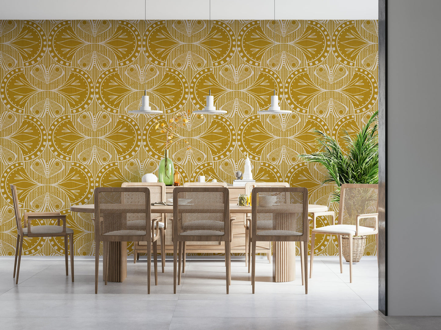 Art Nouveau Butterfly Floral Mustard Gold, brilliant yellow fluid wall covering.