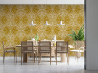 Art Nouveau Butterfly Floral Mustard Gold, brilliant yellow fluid wall covering.
