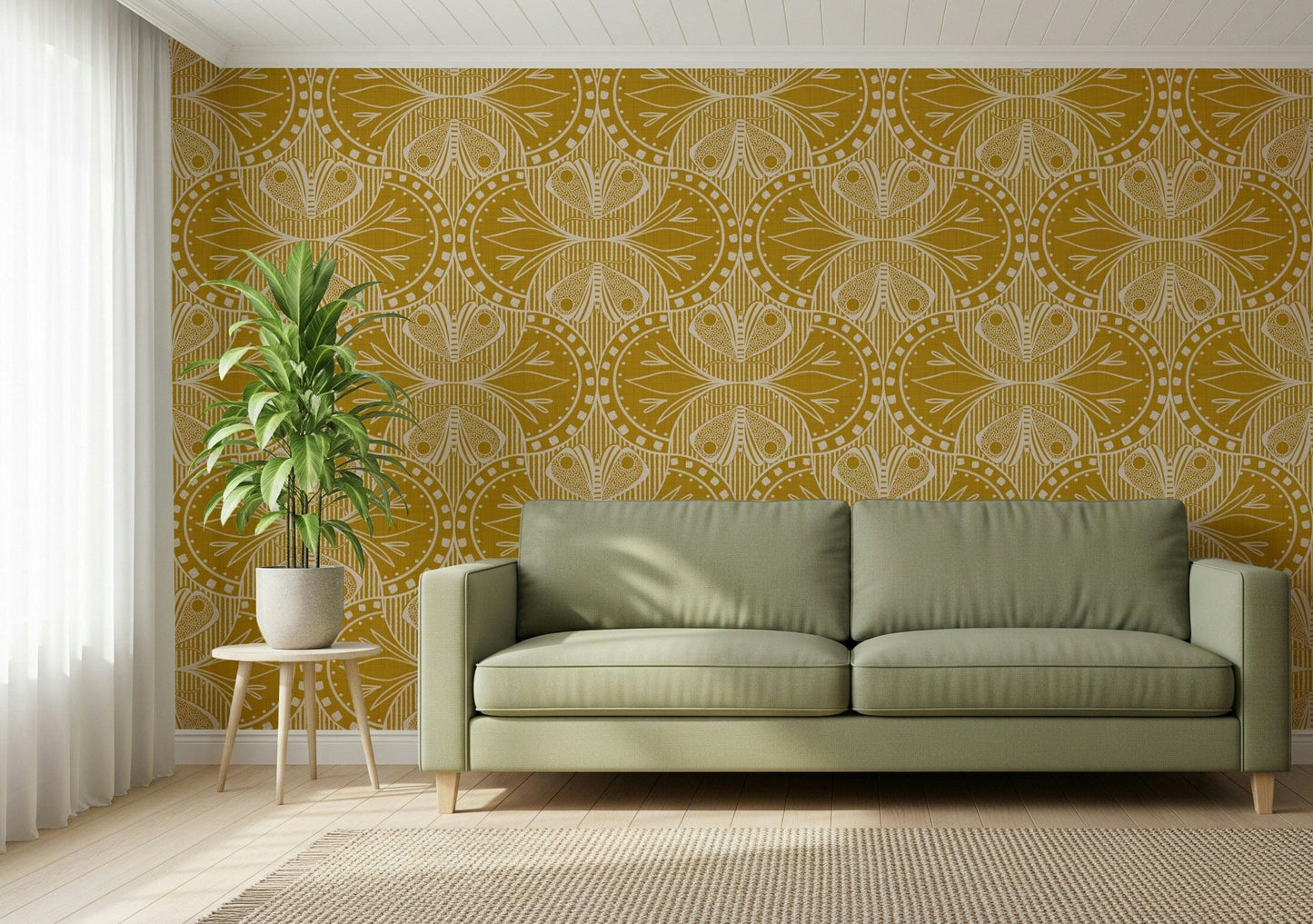 Vintage inspired winged creatures pattern, detailed botanical repeating wallpaper.