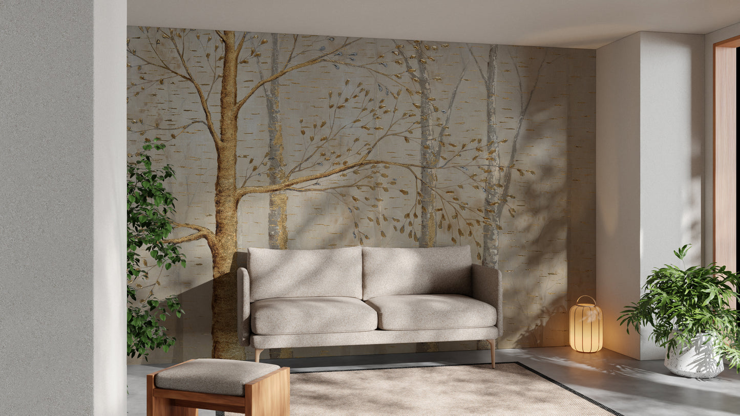 Gold Background Green Leaves wallpaper mural as a feature wall in a home office workspace in warm sepia tones