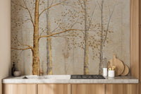 Gold Background Green Leaves wallpaper mural as a feature wall in a bright, contemporary living room in warm sepia tones