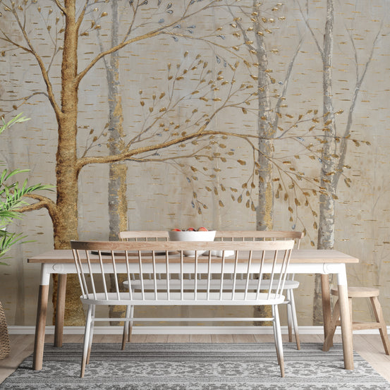 Gold Background Green Leaves wallpaper mural shown as a full feature wall that highlights the design