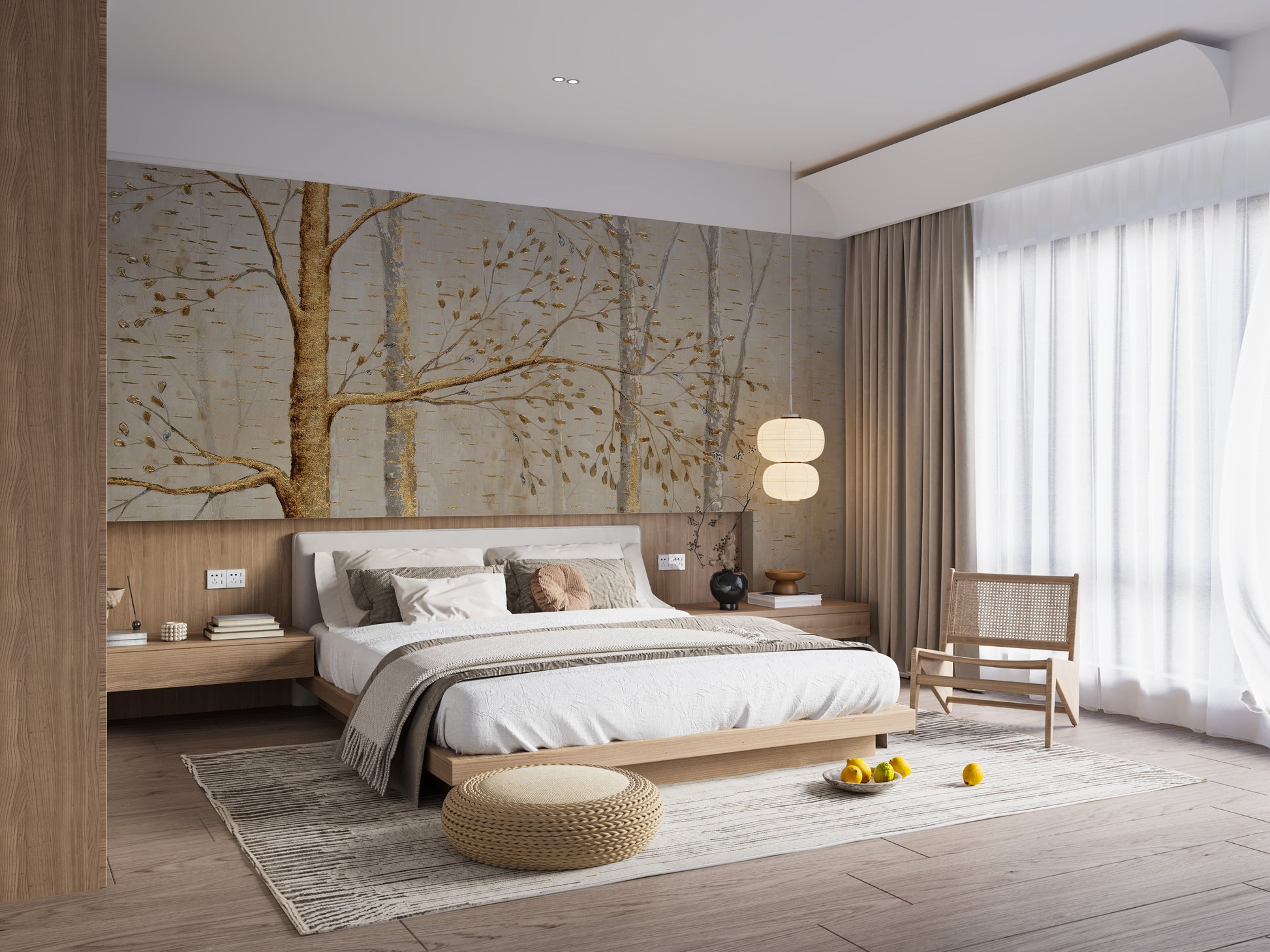 Gold Background Green Leaves wallpaper mural displayed across a full wall in a modern living space in warm sepia tones
