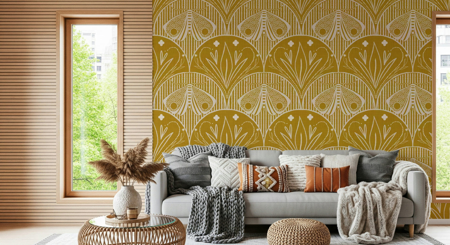 Boho Art Nouveau Scallop Butterfly Floral in Mustard Gold Wallpaper⁠