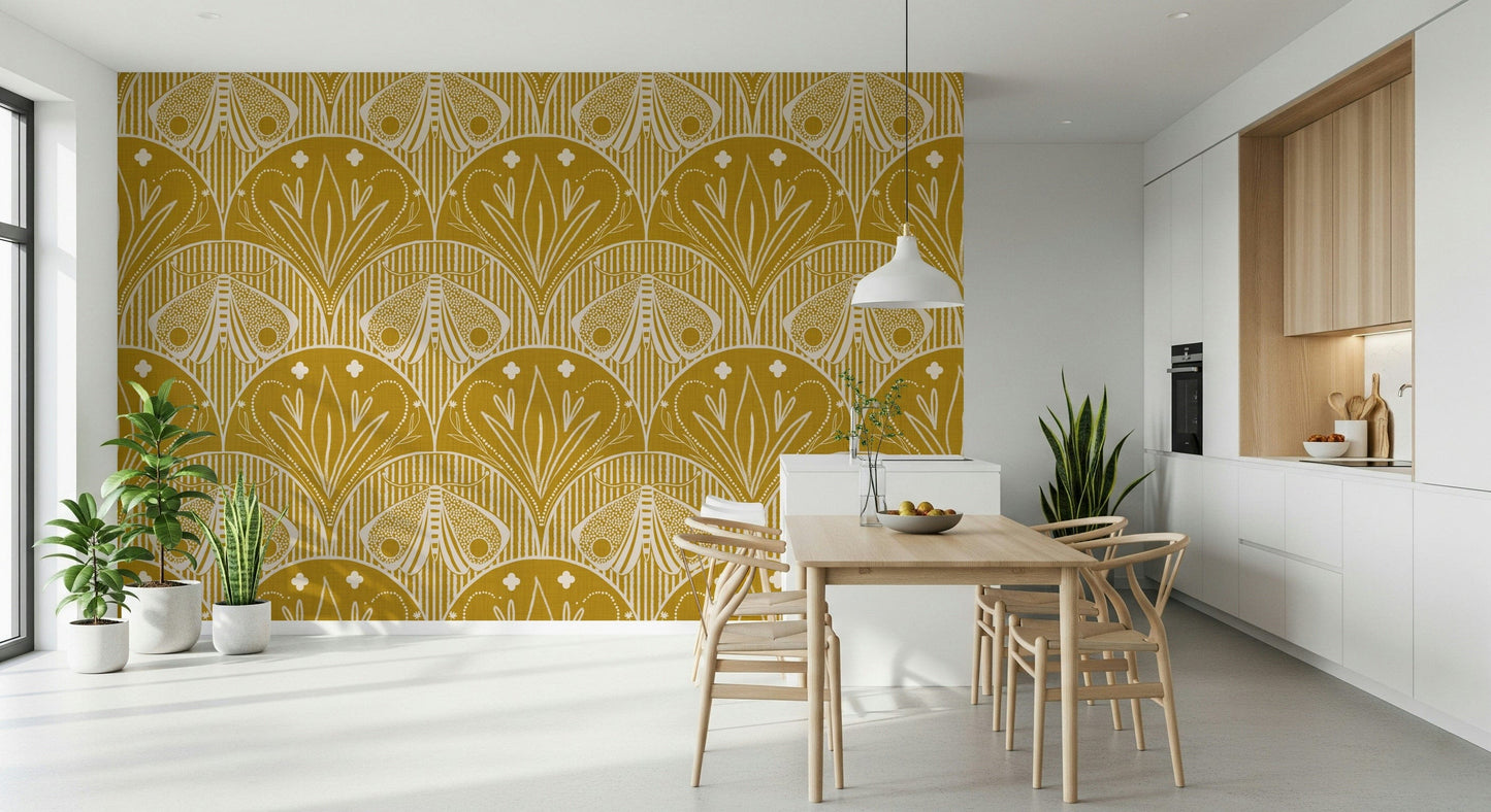 Boho Art Nouveau Scallop Butterfly Floral in Mustard Gold Wallpaper⁠
