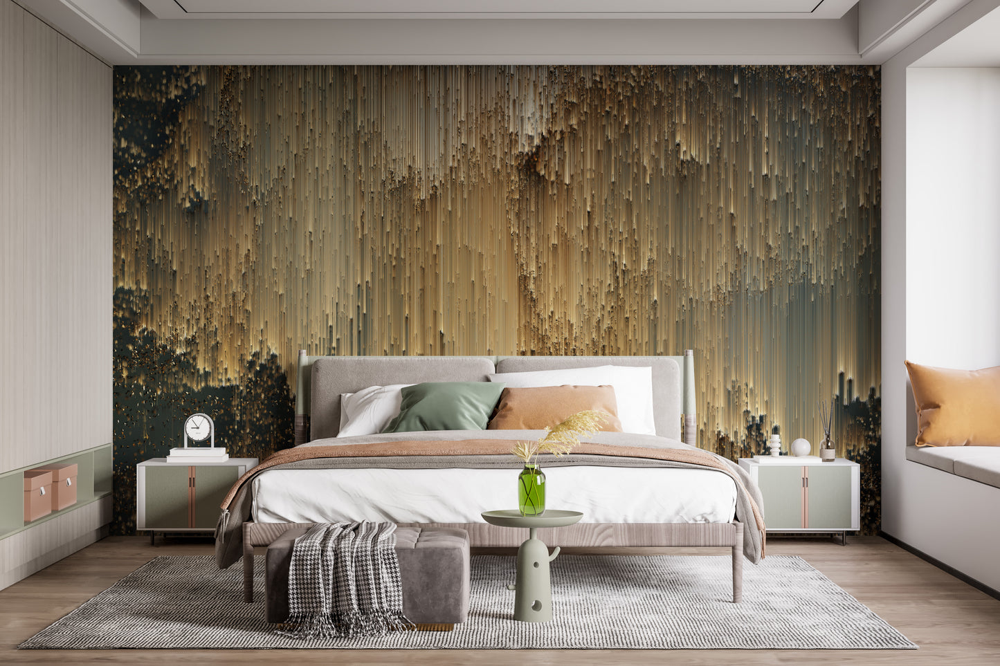 Gold Falling Light Pixels wallpaper mural styled as a feature wall behind a dining table and chairs in yellow tones