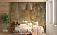 Gold Falling Light Pixels wallpaper mural as a bedroom feature wall behind the headboard in yellow tones