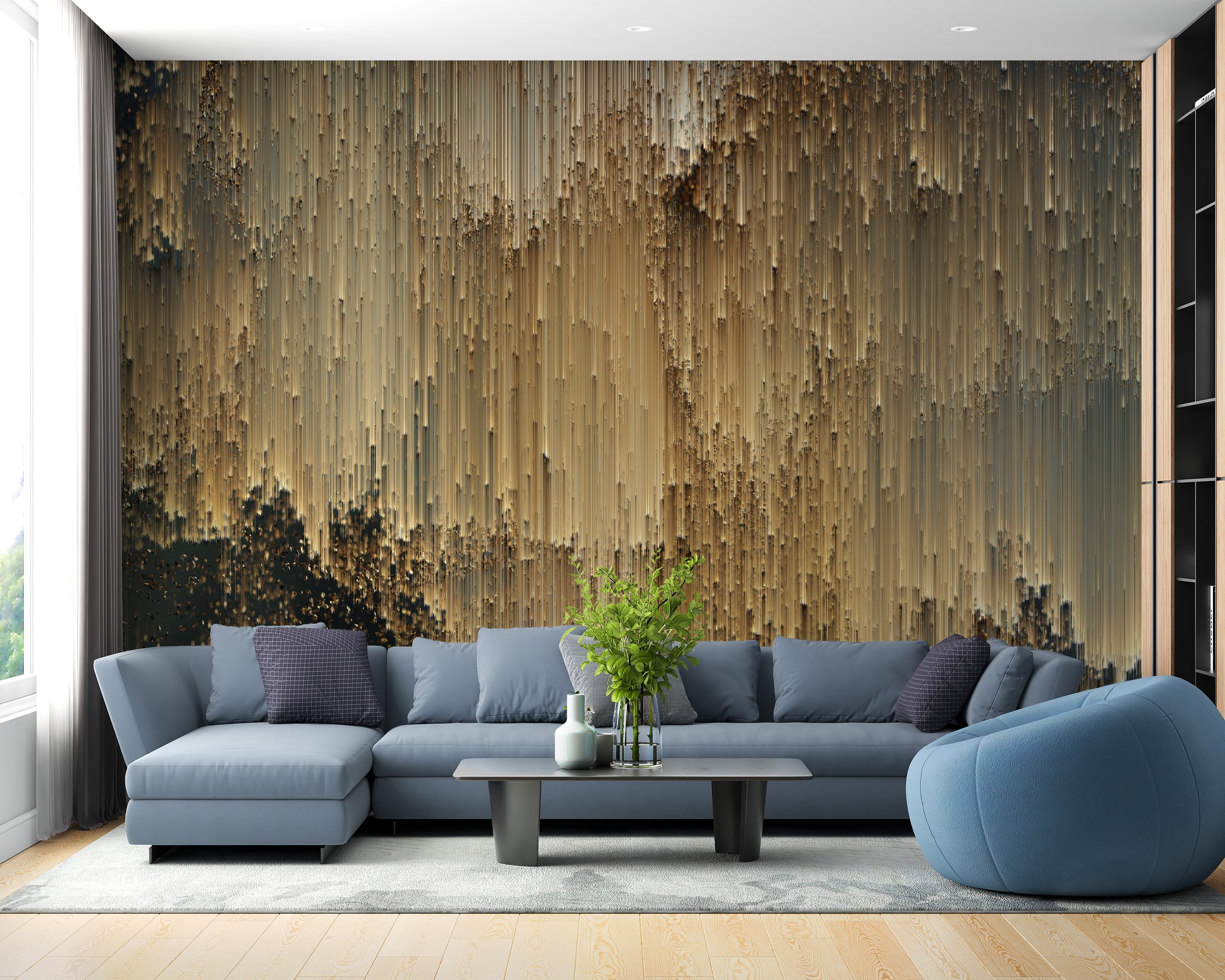 Gold Falling Light Pixels wallpaper mural displayed across a full wall in a modern living space in yellow tones
