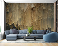 Gold Falling Light Pixels wallpaper mural displayed across a full wall in a modern living space in yellow tones