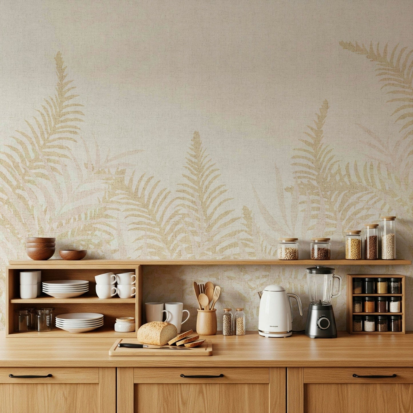 Soft fawn Into The Jungle art, nature inspired fern leaves wallpaper.