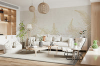 Gentle beige wallpaper mural, leafy Into The Jungle style.