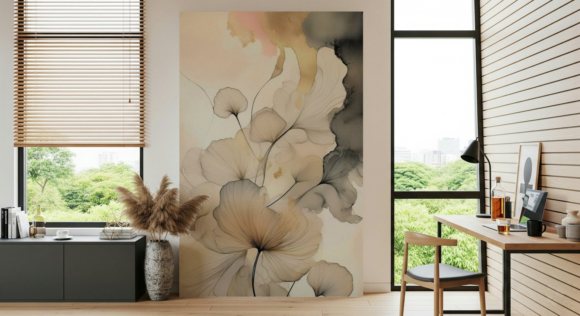 Ink Bloom Elegance design mural with flowing petals and subtle ink textures for serene spaces.