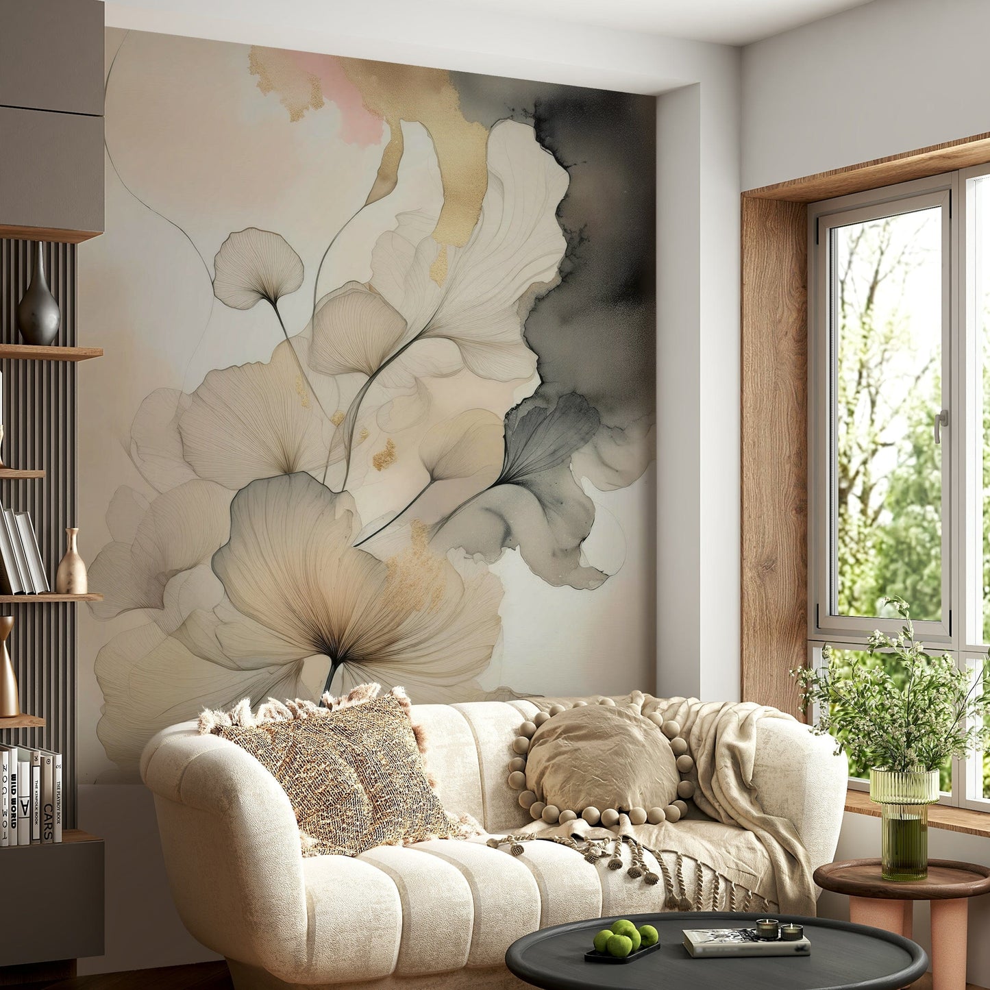 Ink Bloom Elegance wall mural featuring graceful ink-painted florals in a modern, minimalist style.