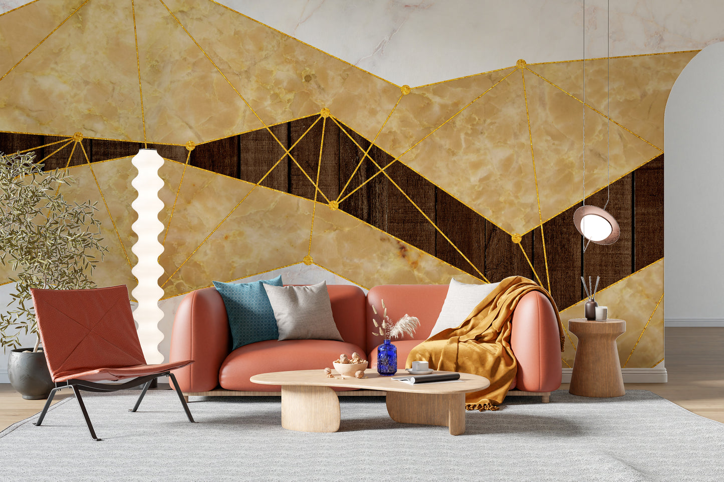 Gold Marble & Wood wallpaper mural styled along a hallway feature wall near a console in gold tones