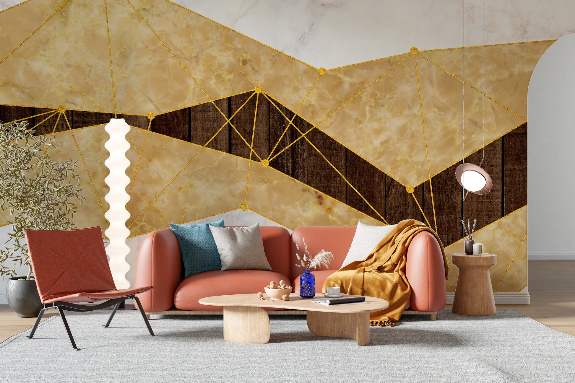 Gold Marble & Wood wallpaper mural styled along a hallway feature wall near a console in gold tones