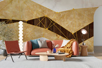 Gold Marble & Wood wallpaper mural styled along a hallway feature wall near a console in gold tones