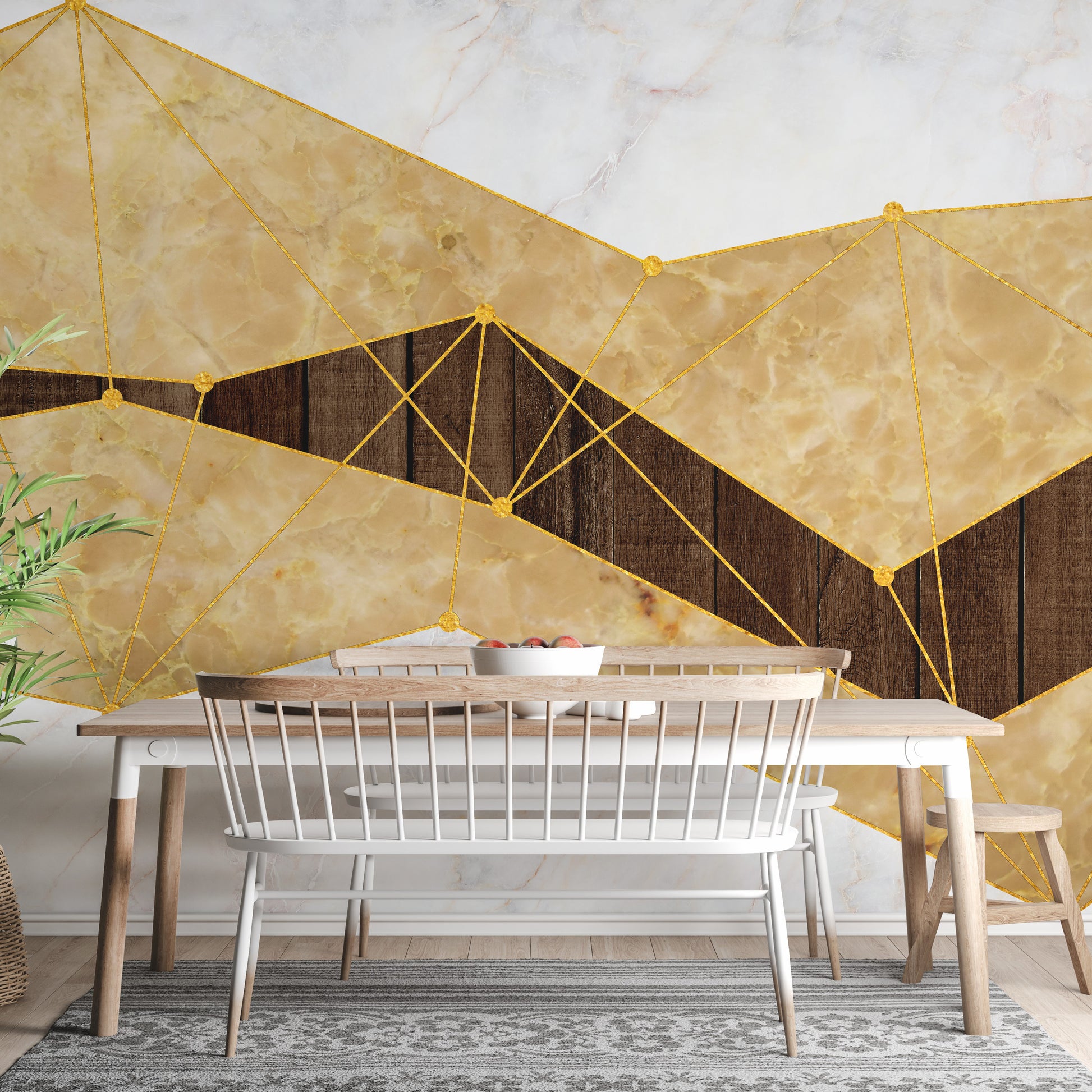 Gold Marble & Wood wallpaper mural as a feature wall in a home office workspace in gold tones