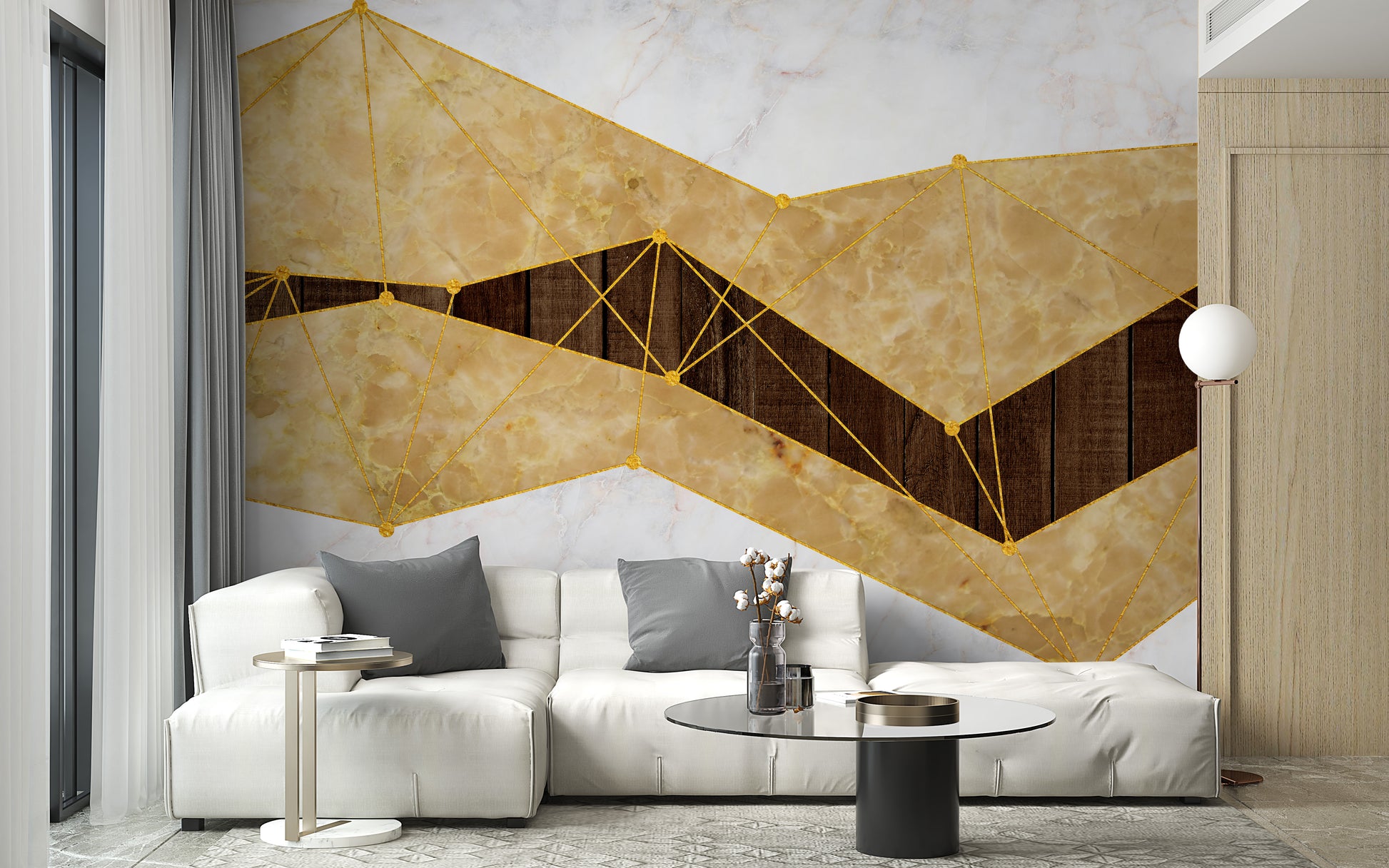Gold Marble & Wood wallpaper mural styled as a feature wall behind a dining table and chairs in gold tones