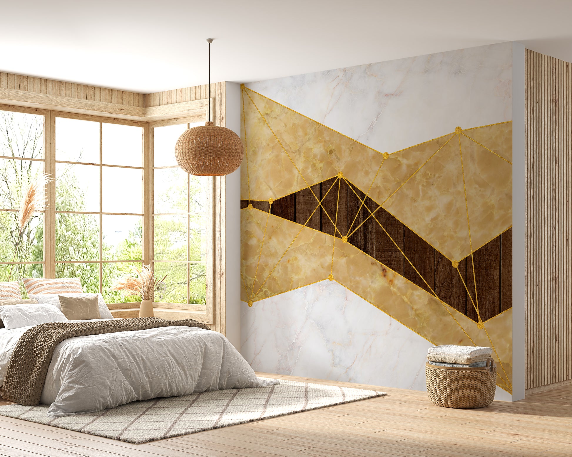 Gold Marble & Wood wallpaper mural as a bedroom feature wall behind the headboard in gold tones