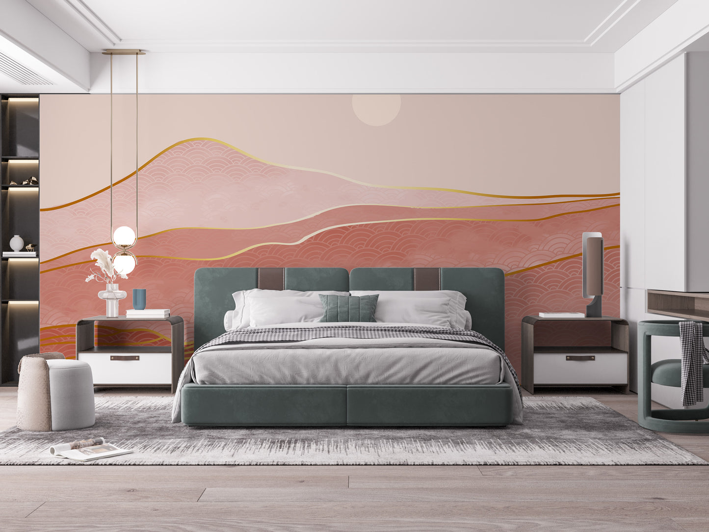 Stylish mountain wallpaper in pink and gold