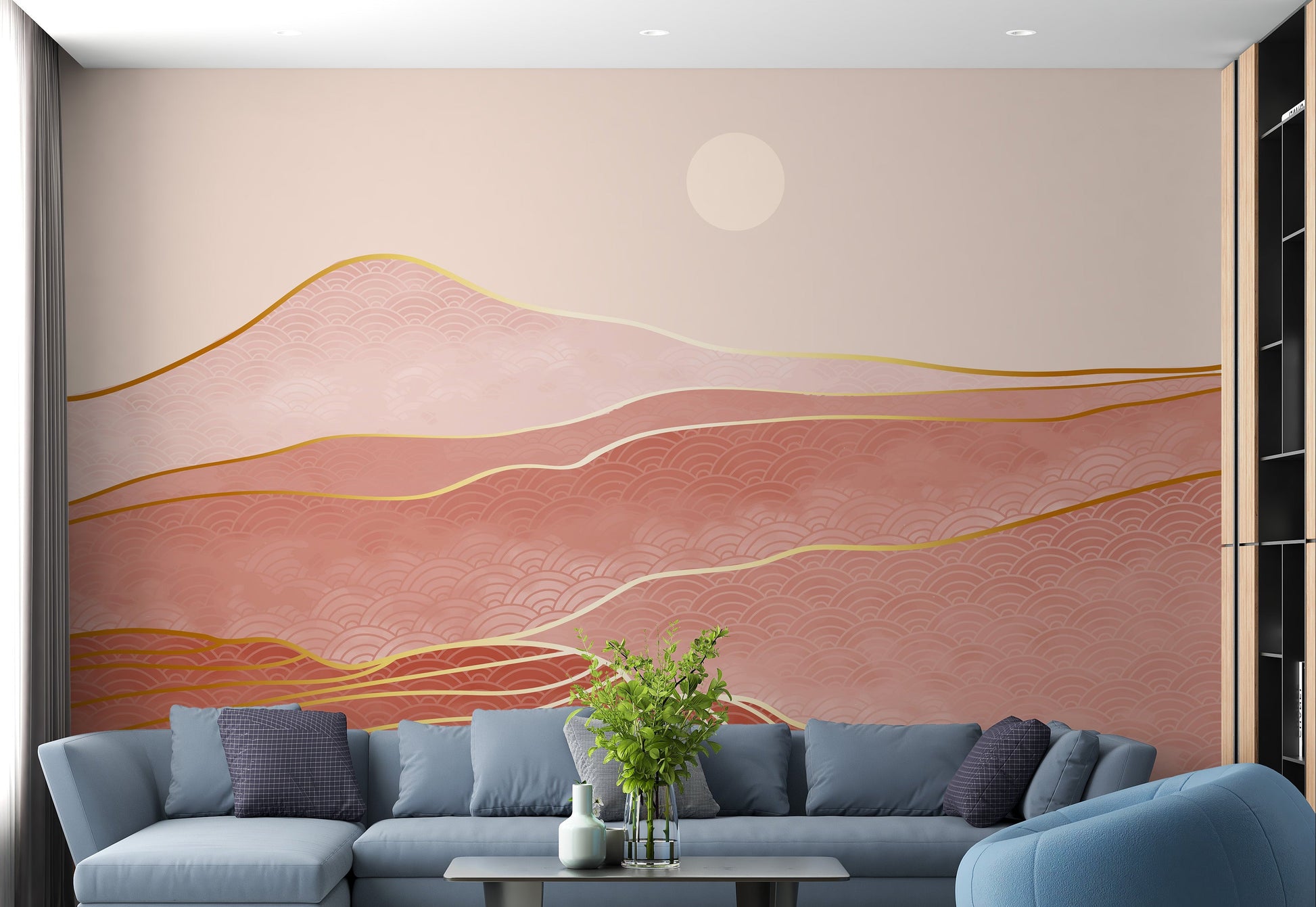 Elegant pink and gold mountain wall mural
