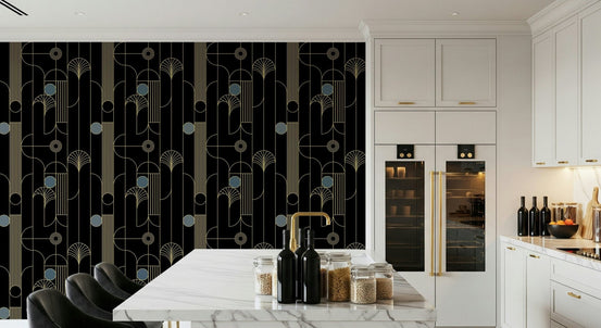Golden Arcadia Harmony Deco wallpaper in black and gold deco pattern in a kitchen with marble island and dark stools