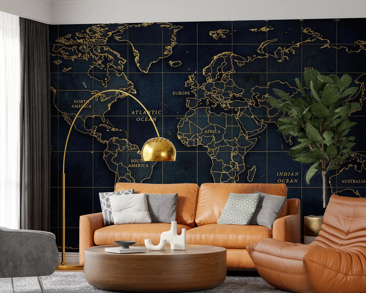 Office room golden atlas wall mural with world map and grid
