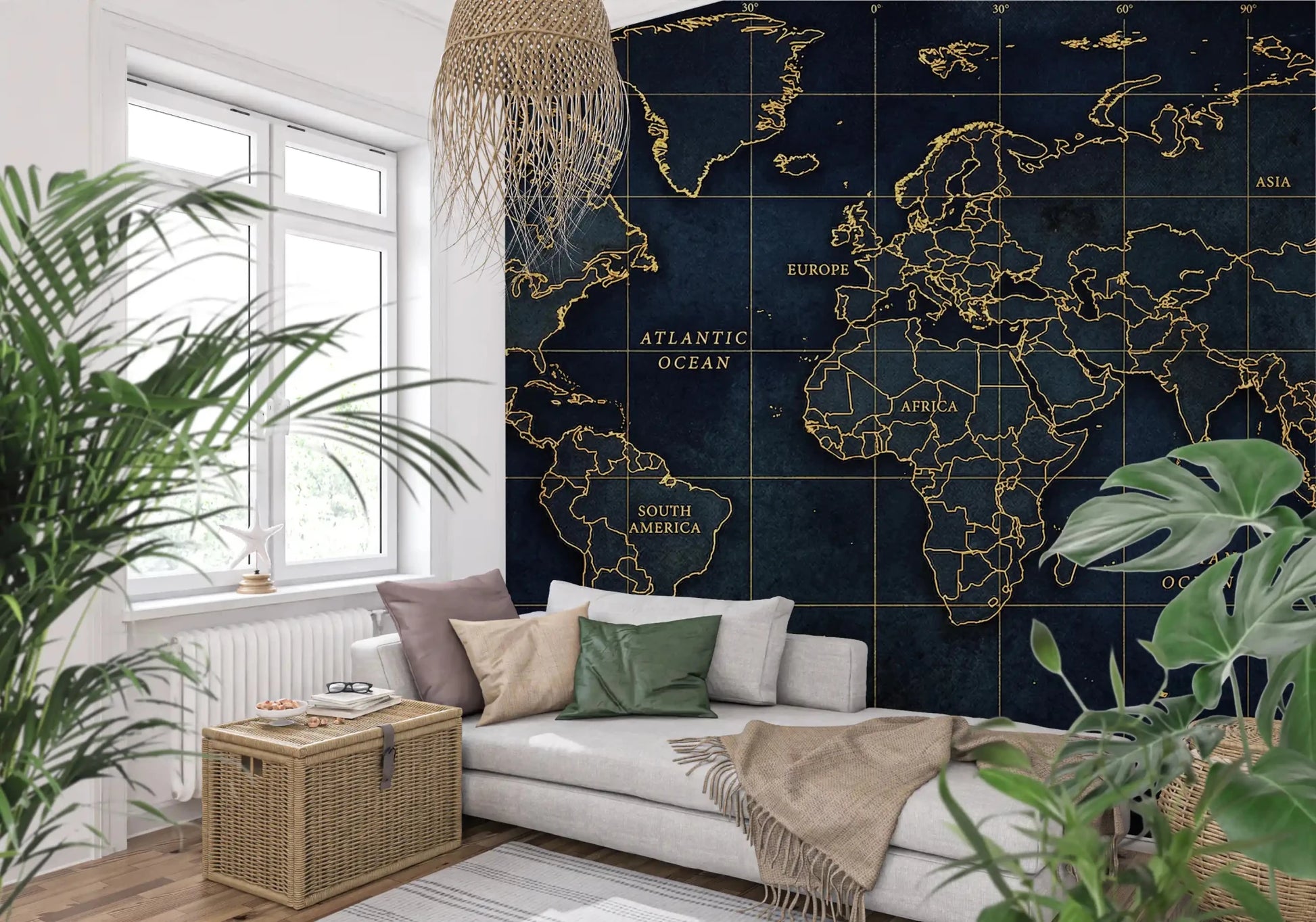 Navy world map wall mural with gold continent outlines