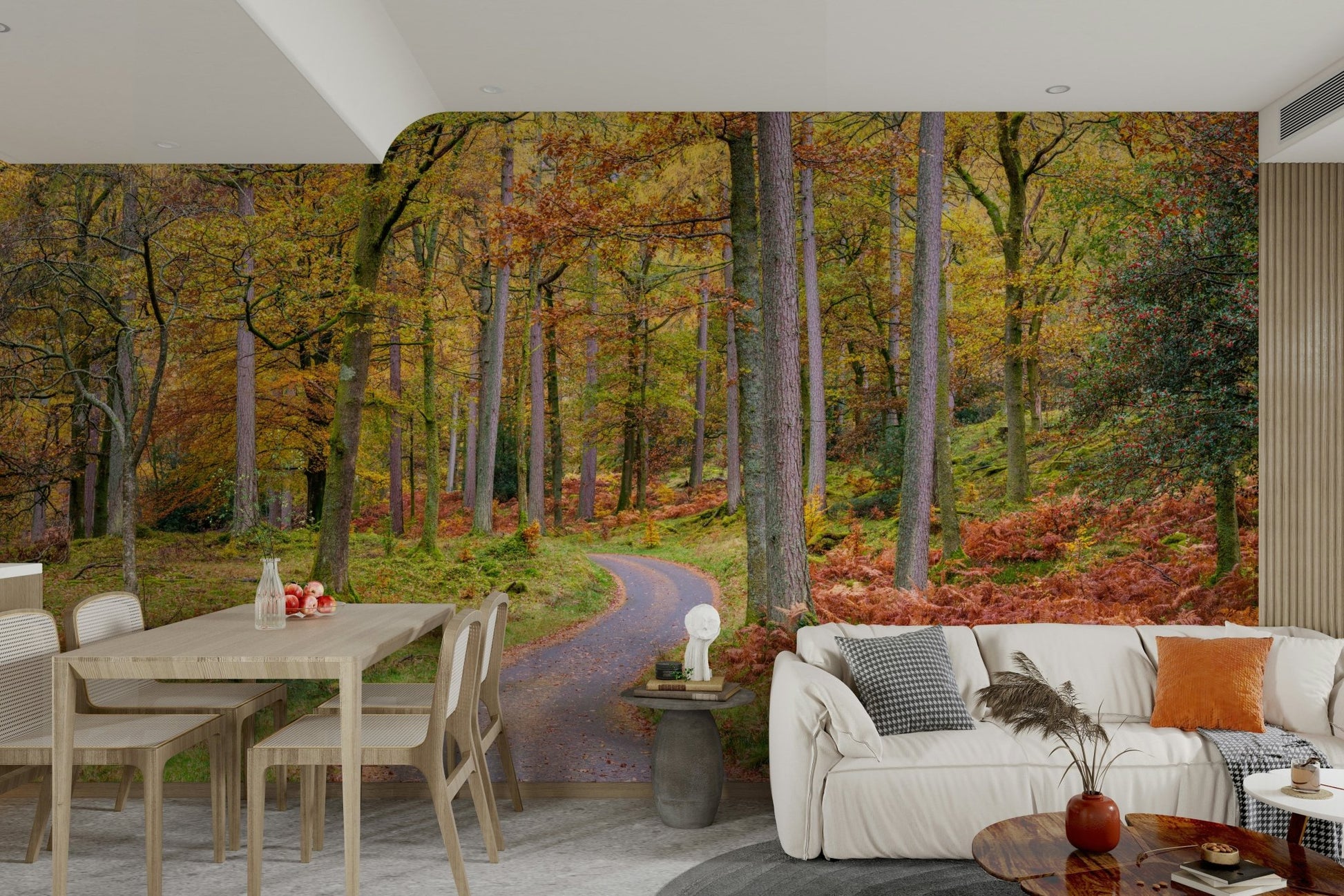 Scenic fall road mural showcasing golden autumn trees.

