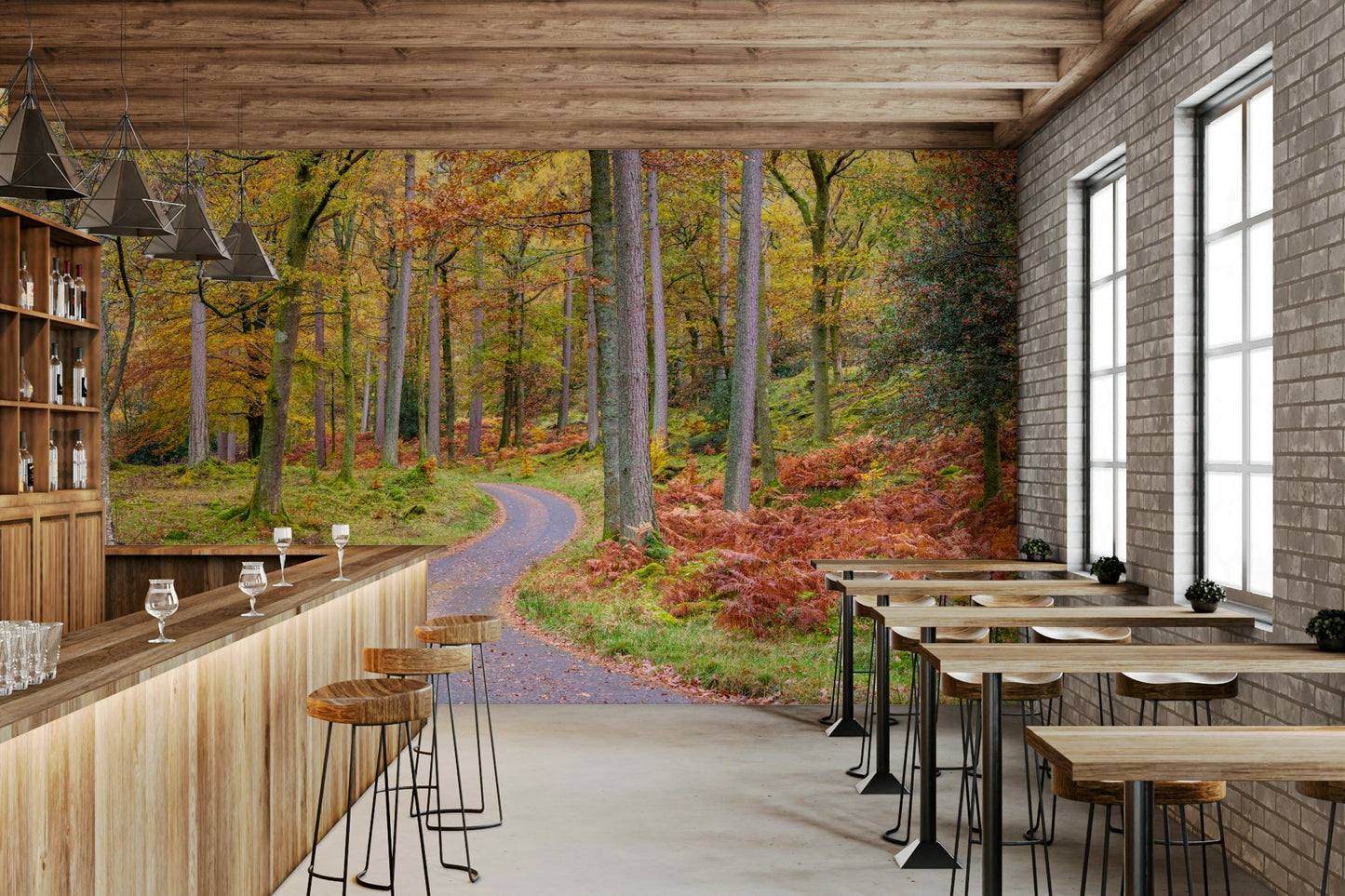 Fall-inspired Golden Autumn Drive mural with colorful leaves.

