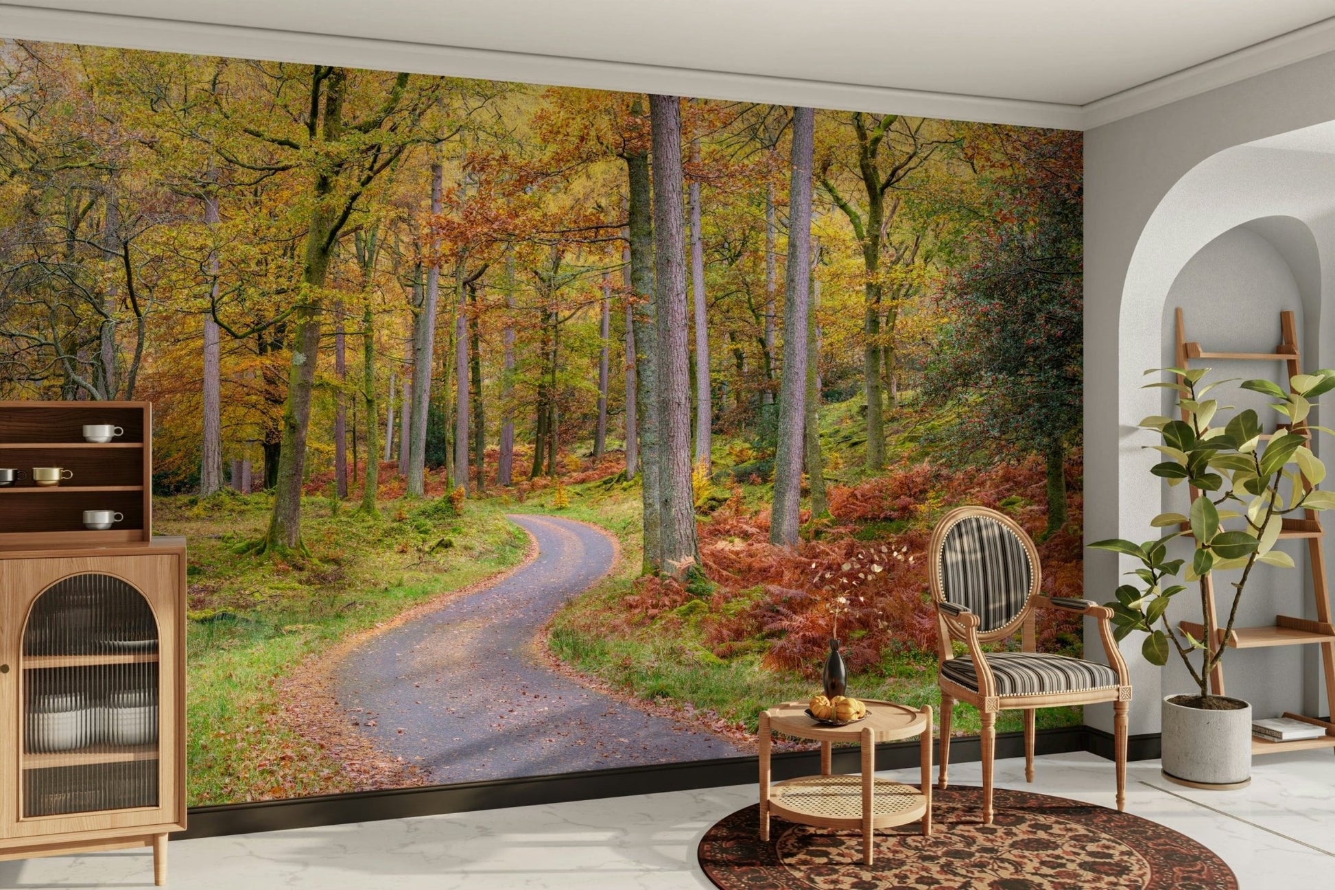 Autumn landscape mural with golden trees lining a peaceful road.

