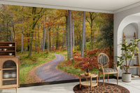 Autumn landscape mural with golden trees lining a peaceful road.

