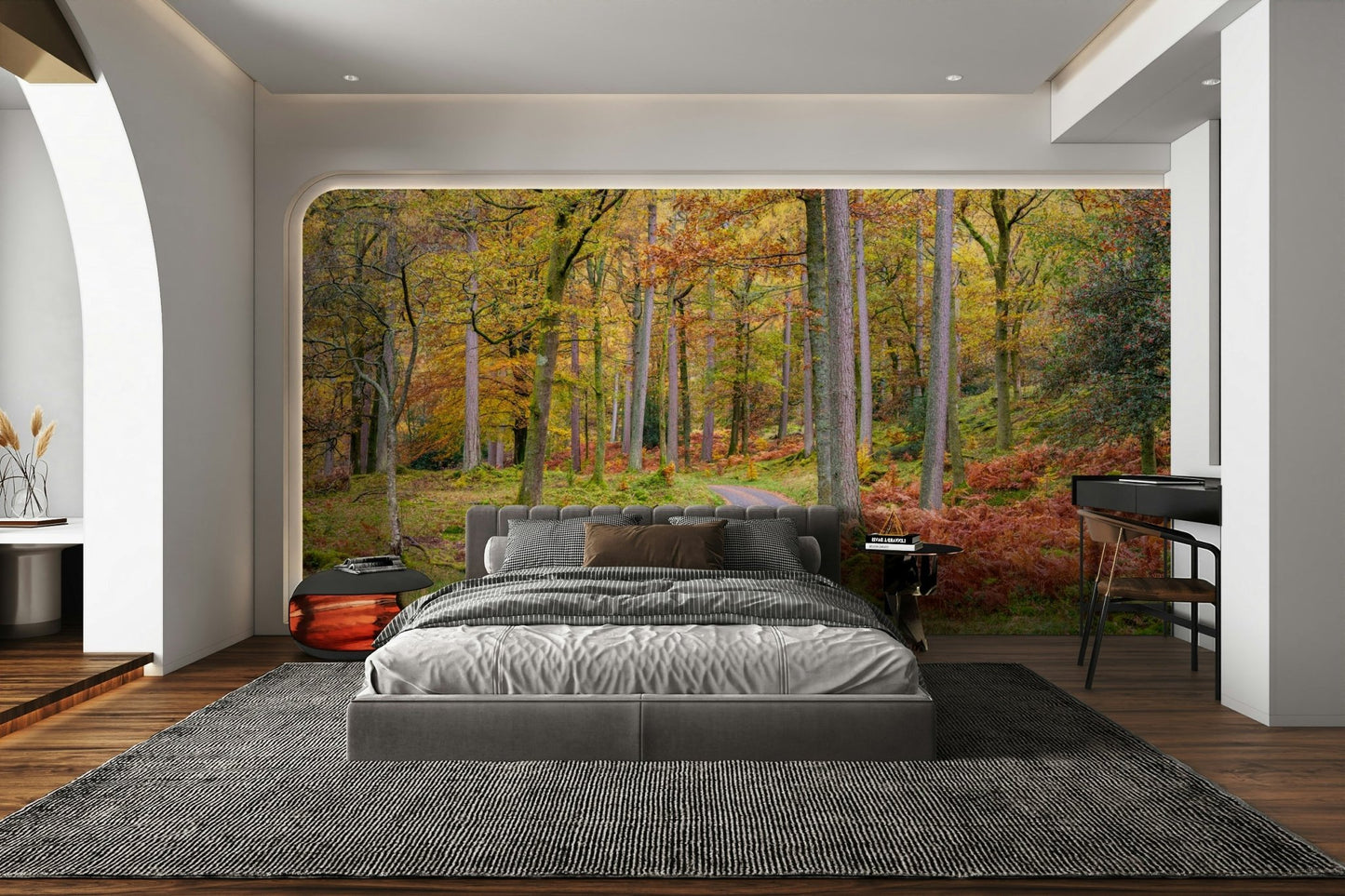 Elegant Golden Autumn Drive mural bringing autumn indoors.

