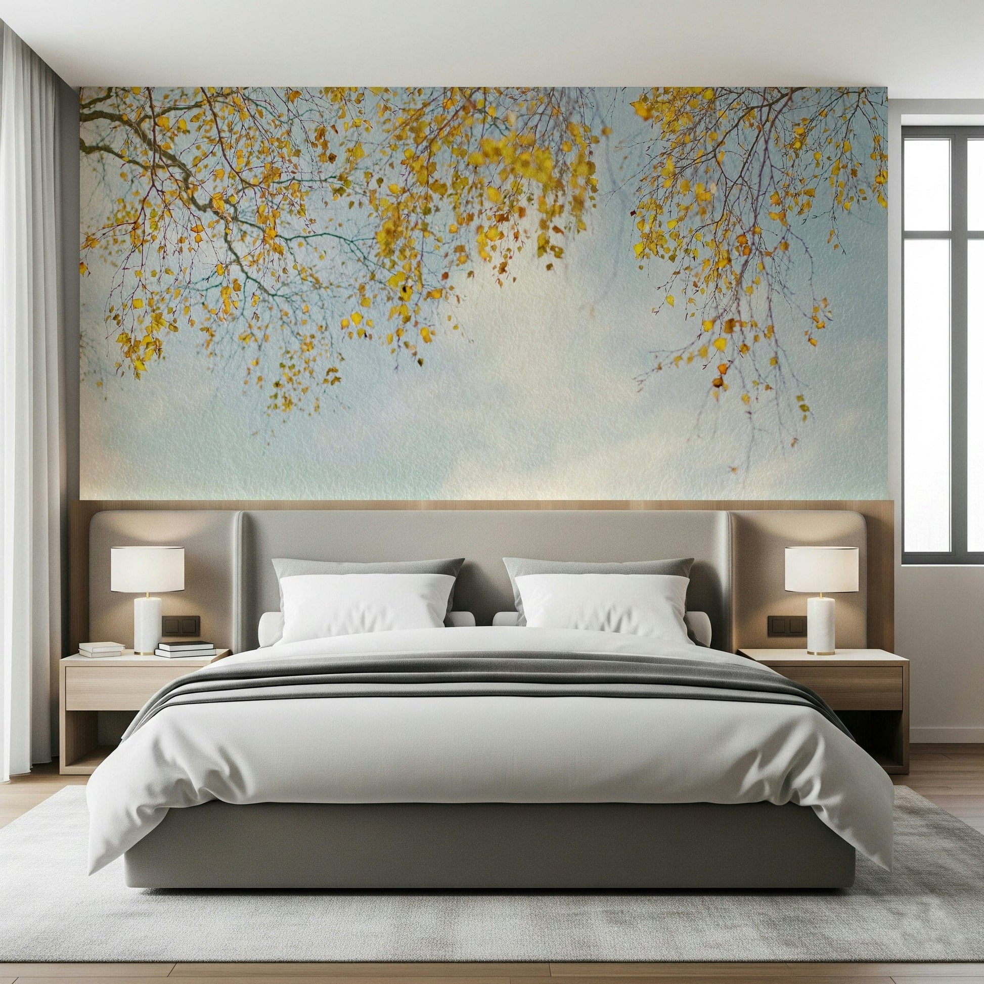 Golden canopy mural, bright autumn colors, refreshing wall treatment.