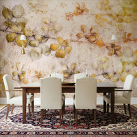 A graceful subtle leaf pattern wall mural in warm, golden tones.

