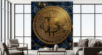 Digital bitcoin wall mural with blue background and gold coin