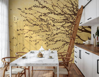 Golden bloom mural behind bed, modern bedroom styling