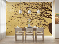Dining area feature wall with gold blooms, warm colour tones