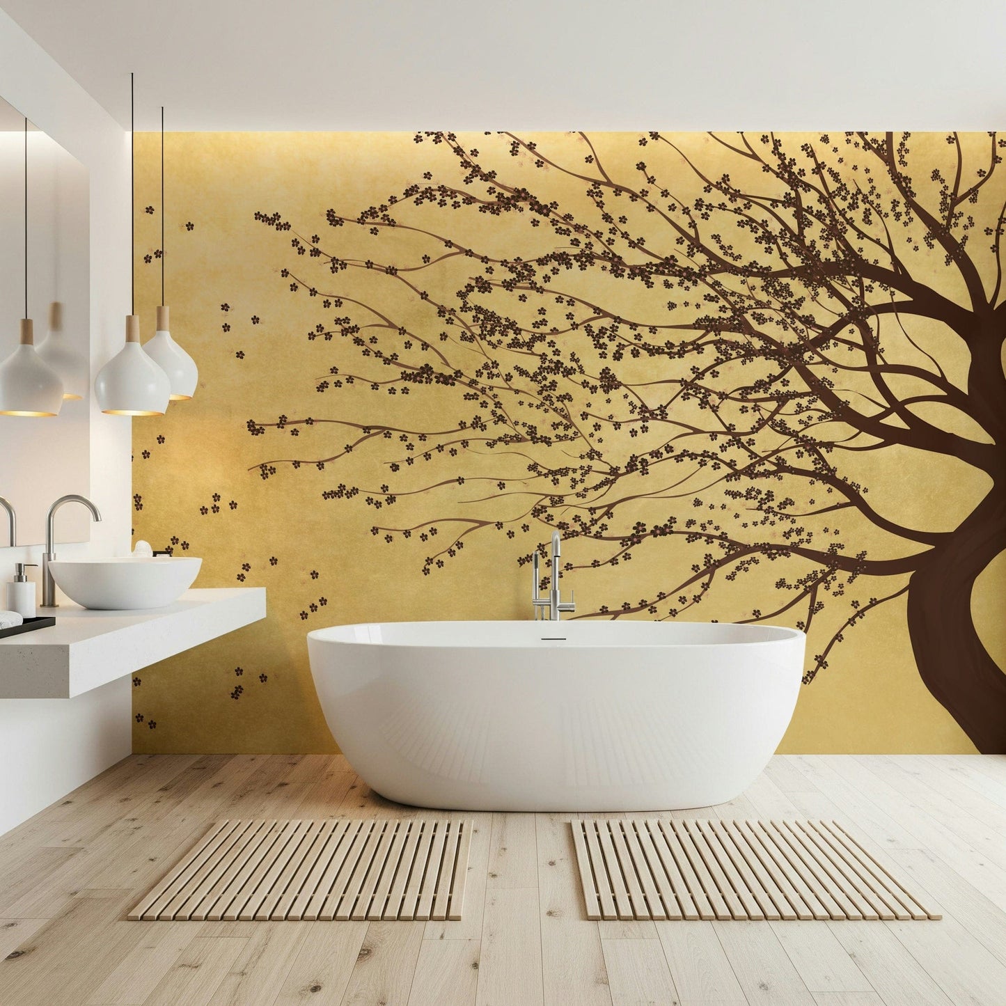 Golden bloom mural in hallway, warm colour pattern and detail