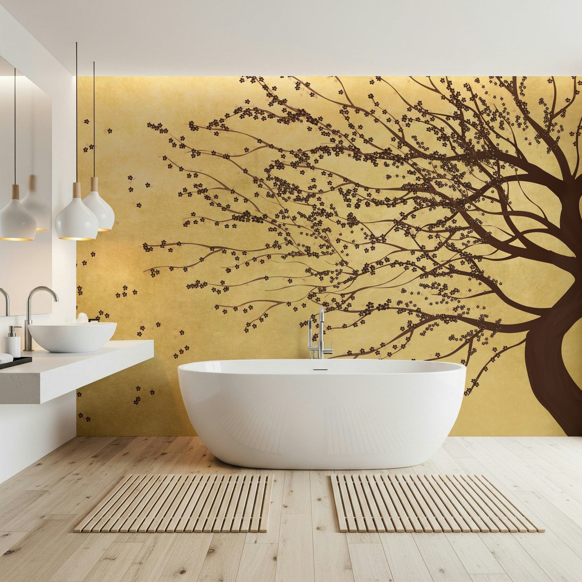 Golden bloom mural in hallway, warm colour pattern and detail