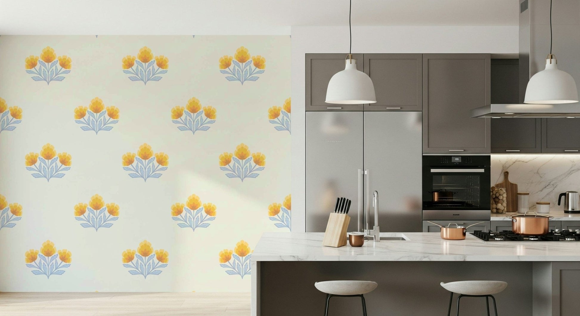 Soft pale background highlights Golden Bloom Repeat unique print.