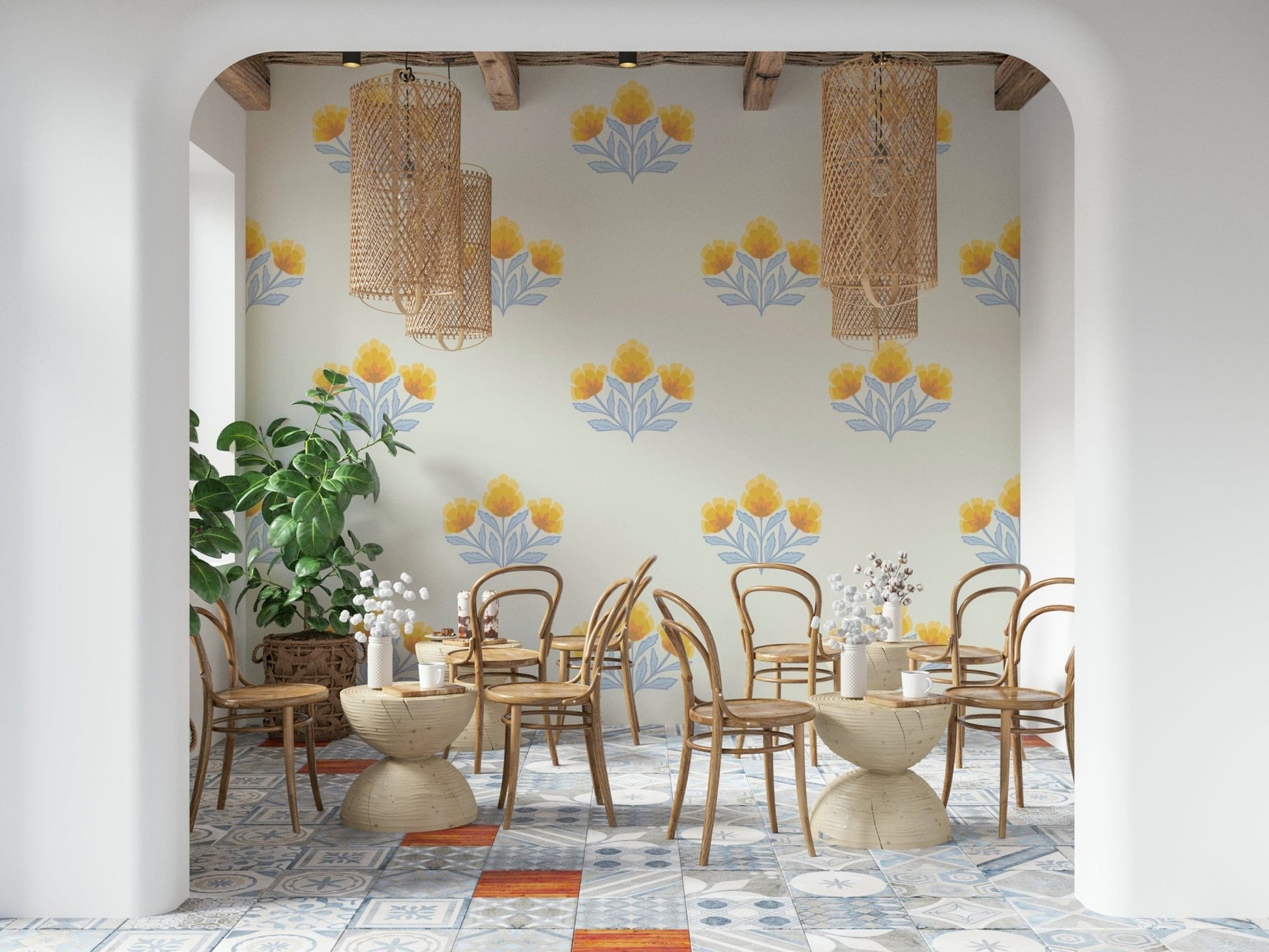 Symmetrical flower groups motif on Golden Bloom Repeat mural.