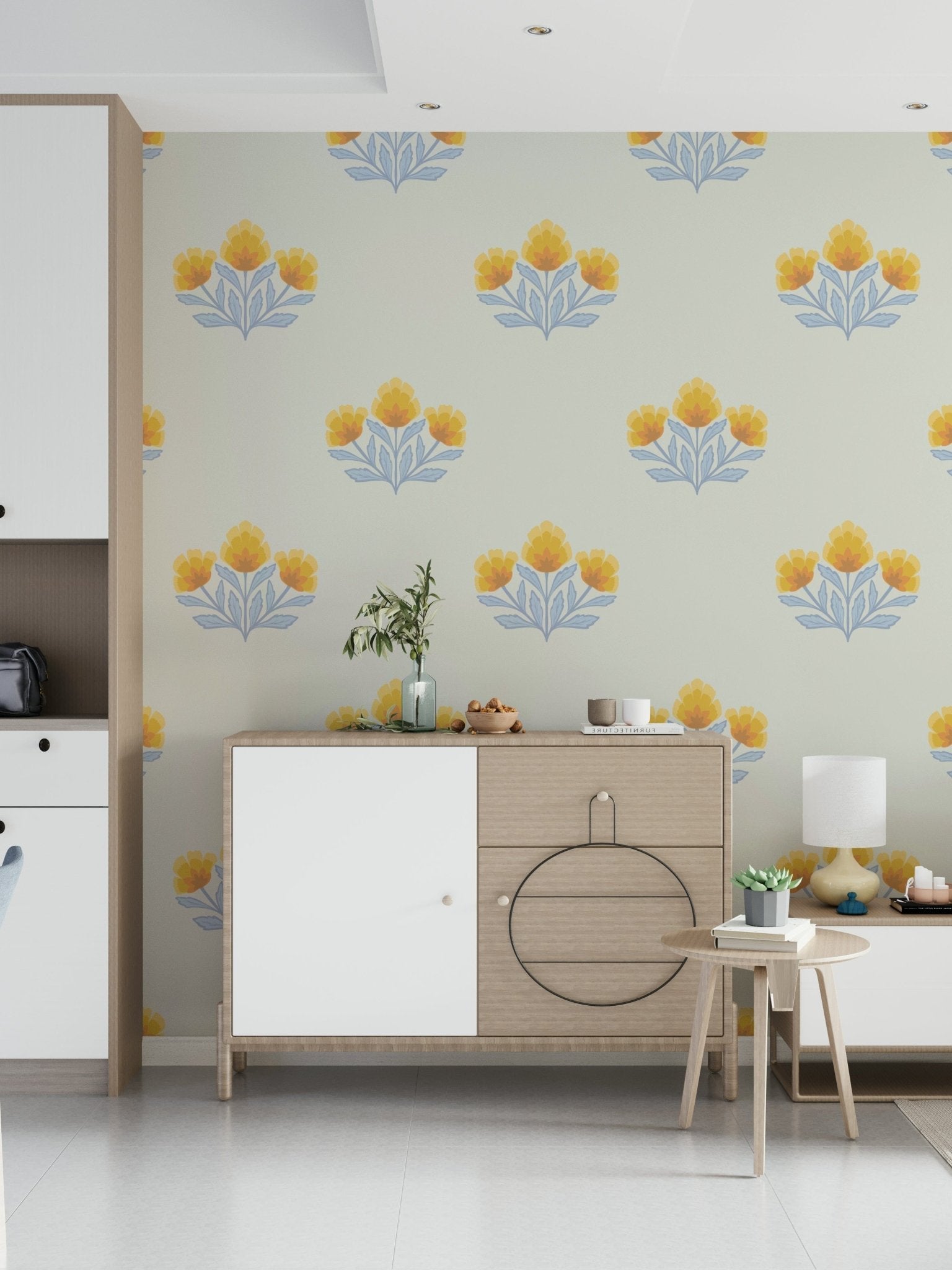Monochrome light leaves frame Golden Bloom Repeat beautiful wallpaper.