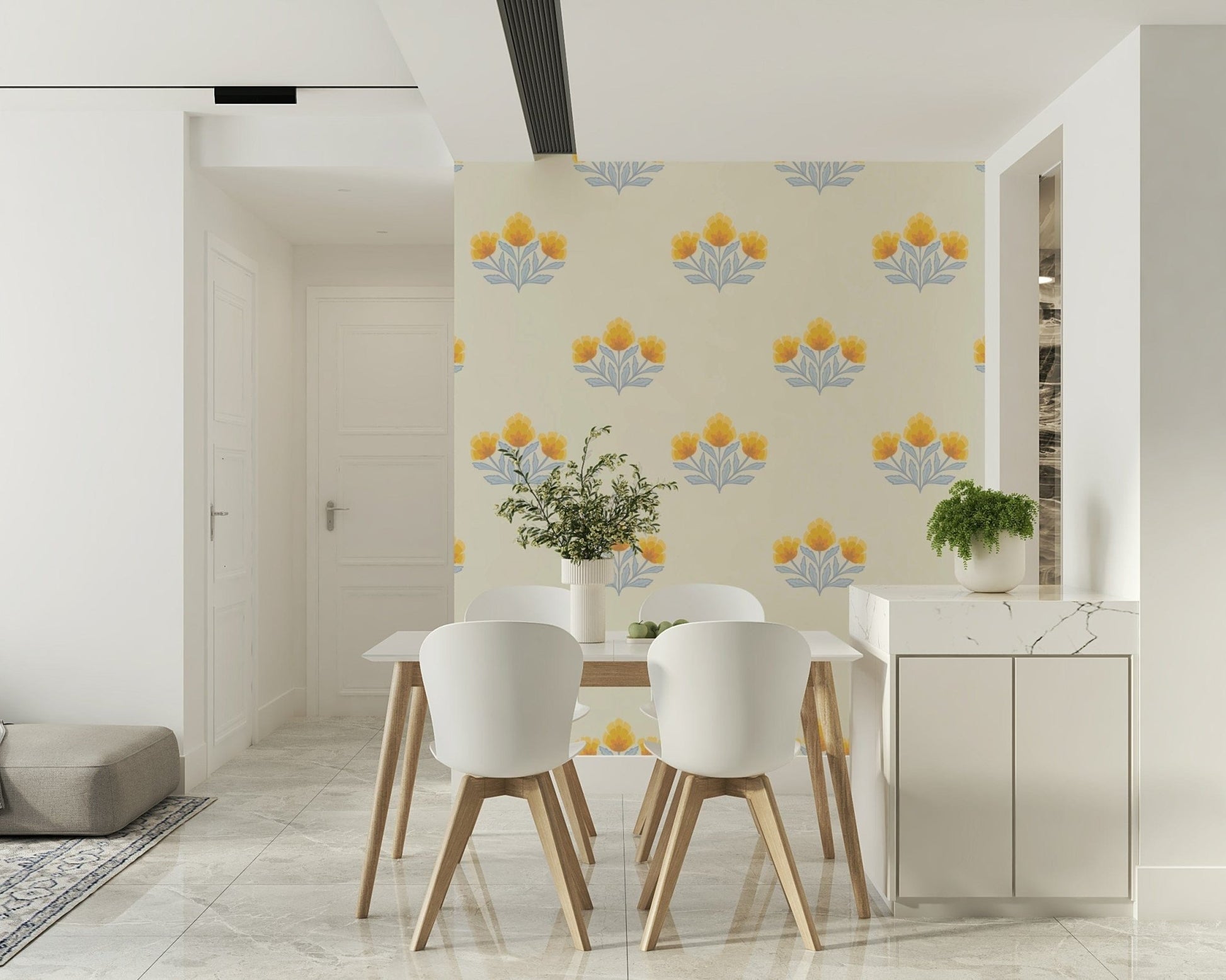 Feminine soft gold and blue hues feature in Golden Bloom Repeat accent wall.