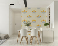 Feminine soft gold and blue hues feature in Golden Bloom Repeat accent wall.