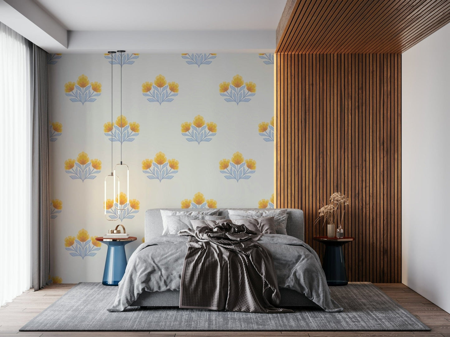 Artistic orange and blue blossoms on Golden Bloom Repeat wallpaper.